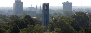 aerial view nc state belltower with raleigh in background