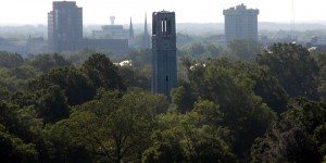 aerial view of nc state university belltower with raleigh in background