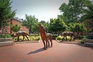 Three wolves made of woven bronze strips; one stands on the brick plaza, and the other two creep through the landscaping.