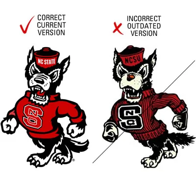 Correct and incorrect NC State strutting wolf logos